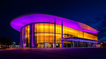 A modern performing arts center glowing with vibrant purple and yellow lights.