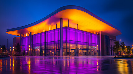 A modern performing arts center glowing with vibrant purple and yellow lights.