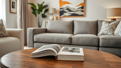 Fototapeta premium White cover book on a living room table. Generative AI