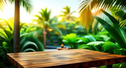 Fototapeta premium Tropical paradise, wooden deck, palm trees, lush greenery, golden sunlight, bokeh effect, warm atmosphere, vacation vibes, exotic garden, serene landscape, nature backdrop, sunbeams, tranquil scene, v