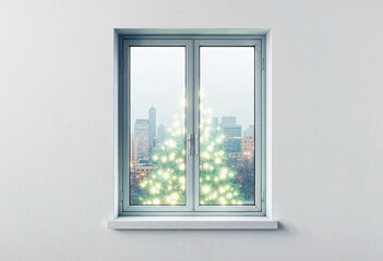 Christmas tree with lights against a snowy city backdrop