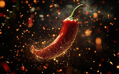 A bright red chili pepper levitating with fiery sparks around it, on a bold black background
