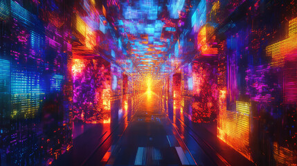 Fototapeta premium Abstract data center room with bright neon blue and pink light glowing server blocks. Realistic 3d vector illustration of tunnel with digital information and database warehouse super computer.