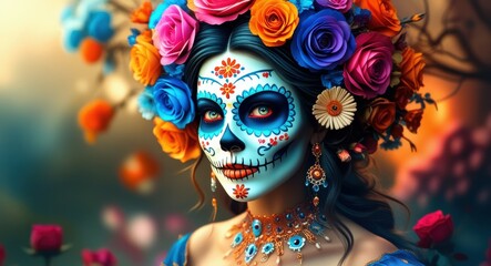 Day of the Dead makeup, ornate sugar skull face paint, vibrant floral headdress, colorful roses, marigolds, blue and red color scheme, traditional Mexican celebration, ethereal lighting, bokeh backgro