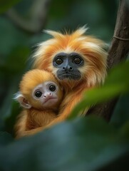 Fototapeta premium Golden lion tamarin mother embracing its baby in lush rainforest