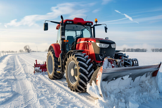  Red tractor with snow plow performing winter road maintenance in scenic rural landscape