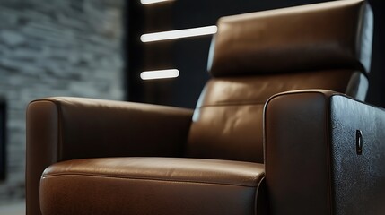 A brown leather chair with a wooden frame