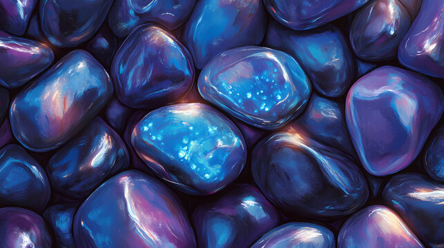 Beautiful opal stone pebbles background. vertical background with blue stones, phone screensaver. Opal. Illustration