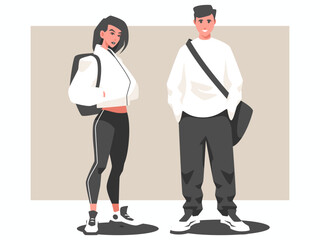 Students with backpacks. Standing guy and girl