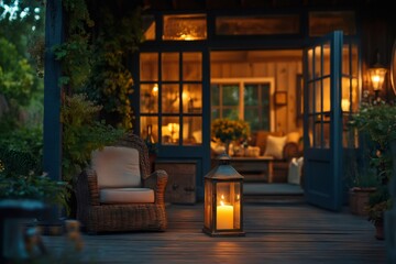 Candle lantern illuminating cozy porch of wooden cottage at dusk