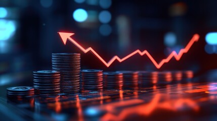 Stacked coins with rising red graph showing financial growth.