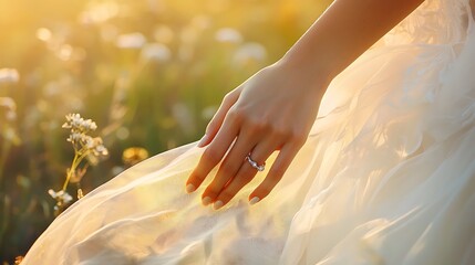 A woman's hand is resting on a white dress, and she is wearing a ring