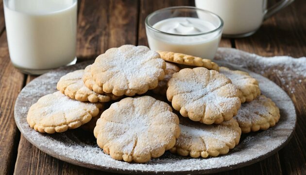 milk and cookies on wooden table - Powered by Adobe