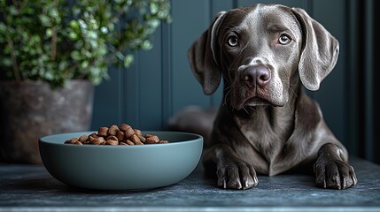 Weimaraner dog waiting for eating from its bowl