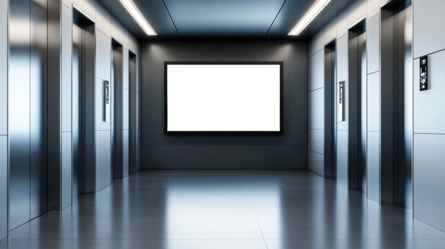 Realistic elevators with close doors and ad poster screen on wall, perspective view mockup. Office or modern hotel hallway, empty lobby interior with lifts and blank display, 3d vector illustration
