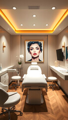 VIP treatment room in a dermatology and beauty clinic showcasing elegant interior, pop-art, with...