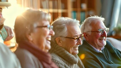 Joyful elderly friends enjoying each other’s company while seated indoors in a cozy environment