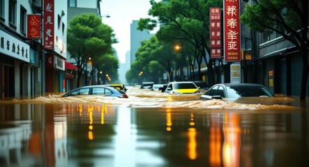Naklejka premium rainy city street, reflective puddles, yellow taxis, urban landscape, tree-lined avenue, neon signs, bokeh lights, wet asphalt, moody atmosphere, cinematic, vibrant colors, shallow depth of field, dra