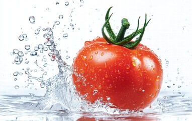 A fresh red tomato floating mid-air with a splash of water droplets, isolated on a bright white background
