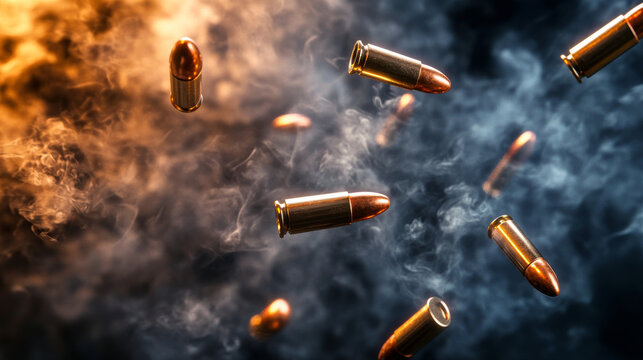 Fired bullets with smoke traces isolated on transparent background. Vector realistic set of 3d metal and brass bullets different calibers with motion effect of shot from weapon, revolver or pistol