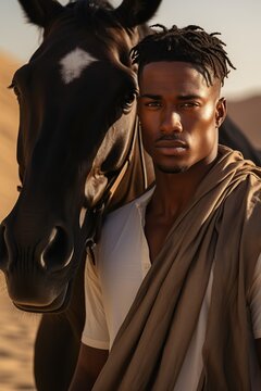 deep connection between dark skin posh man and horse, young handsome face, hot temperature with deep neck tshirt, sand dune background, vogue cover photography, professional color grading