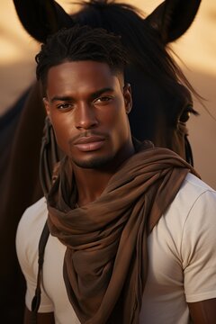 deep connection between dark skin posh man and horse, young handsome face, hot temperature with deep neck tshirt, sand dune background, vogue cover photography, professional color grading