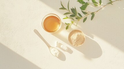 Serene Wellness Concept with Magnesium Glycinate Softgels, Herbal Tea, and Measuring Spoon in Warm Natural Light