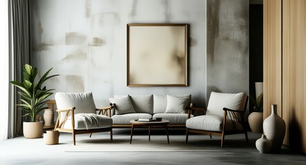 Modern living room, minimalist decor, gray sofa, mid-century armchair, large abstract artwork, potted plant, hardwood floors, textured wall, natural light, earth tones, sleek coffee table, cozy interi