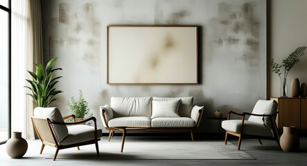 Modern living room, minimalist decor, gray sofa, mid-century armchair, large abstract artwork, potted plant, hardwood floors, textured wall, natural light, earth tones, sleek coffee table, cozy interi