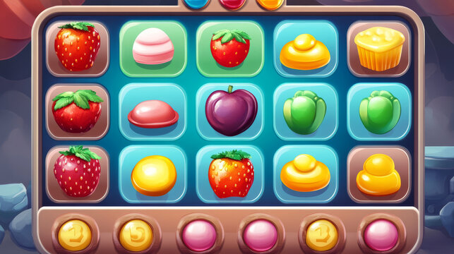 Match 3 candy game ui interface background. Vector jelly puzzle mobile app design. Set of food icon on screen with score field. Cartoon gameplay assets with bonus and booster button.