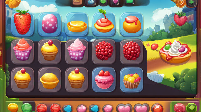 Match 3 candy game ui interface background. Vector jelly puzzle mobile app design. Set of food icon on screen with score field. Cartoon gameplay assets with bonus and booster button.