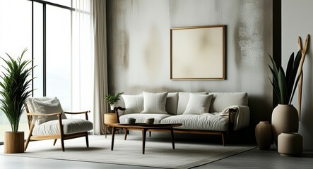 Modern living room, minimalist decor, gray sofa, mid-century armchair, large abstract artwork, potted plant, hardwood floors, textured wall, natural light, earth tones, sleek coffee table, cozy interi