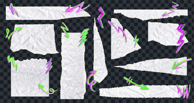 Set of torn paper pieces with neon green arrows and acid pink thunder. White grunge jagged borders, corners and rectangular frames with graffity elements. Vector torn paper sheet for sticker collage.
