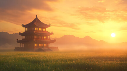 Obraz premium A serene Ming dynasty pagoda house standing on a boundless grassland.