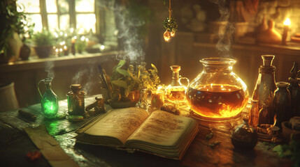 Magic amulets, crystal, book of spell and cauldron with boiling potion. Vector cartoon icons set, gui elements for game about witchcraft or wizard isolated on background