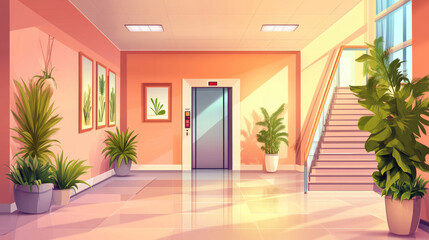 Empty hallway interior with open elevator doors and stairs. Vector cartoon illustration of office lobby, hotel hall, corridor in house with lift, staircase and plants