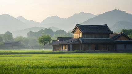 Fototapeta premium A serene Ming dynasty village house surrounded by endless grasslands.