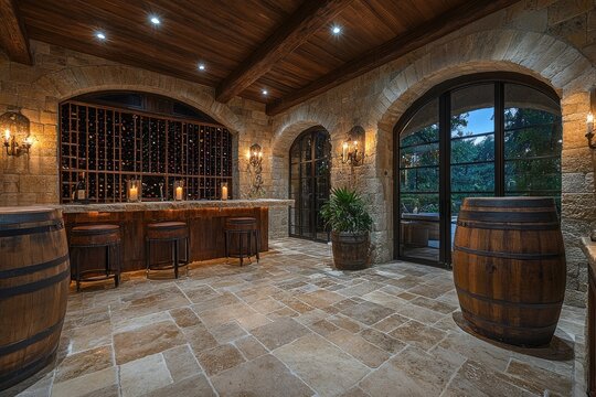 Wine cellar showcasing wooden barrels, travertine floor, and wine rack
