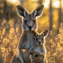 Fototapeta premium Red Kangaroo Mother and Joey at Golden Hour