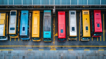 Aerial view of parked buses in various colors in organized parking spaces.