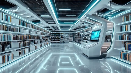 Obraz premium Futuristic library with sleek design and illuminated shelves