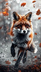 Obraz premium A radiant fox dashes through a misty forest, creating trails of light in its wake