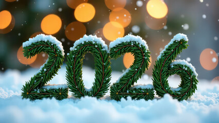 little letters &ldquo;2026&rdquo; made from christmas trees spruce branches are soft and fluffy, covered with snow, atmospheric spruce needles are long and short, natural, over festive blurred background