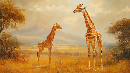 Obraz premium Giraffe Mother and Calf in African Savanna