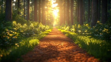 Obraz premium Sunlight streams down a path through a forest.