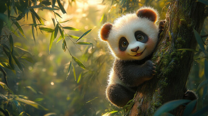 Fototapeta premium Adorable Panda Cub in Bamboo Forest