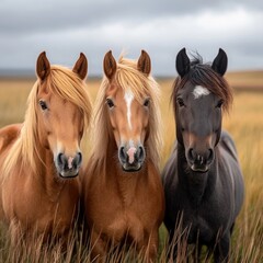 Three icelandic horses standing in tall grass on cloudy day