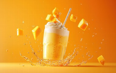A mango milkshake levitating mid-air with fresh mango chunks and a straw, on a bright orange background