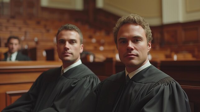 Family legal stand-up: pictured are twin brothers, 35, in court with professional robes, expressing confidence and style in the field of advocacy 