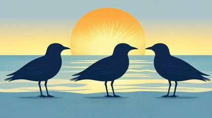 Silhouettes of Birds by the Ocean at Sunrise